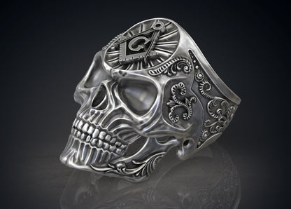 Masonic Skull Ring Oxidized Silver Gothic Freemason Biker Ring For Men US5-15