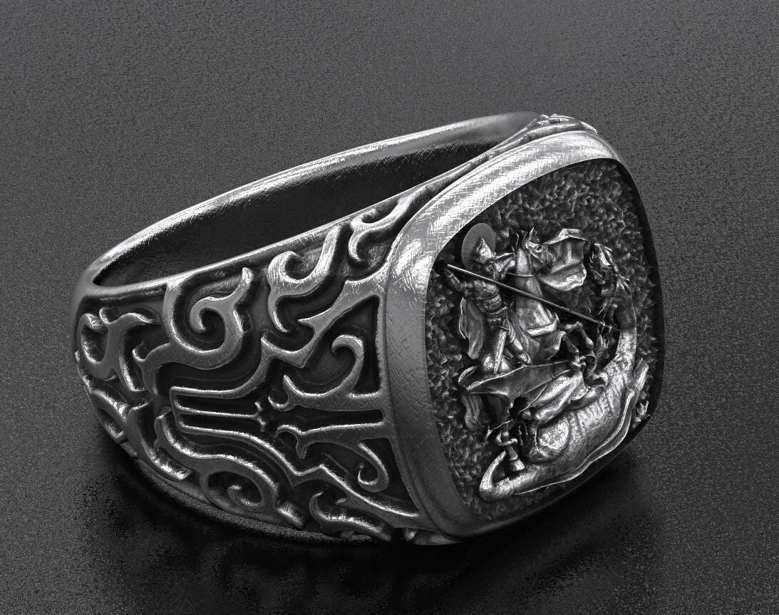 St Saint Michael Archangel Ring Sterling Silver Signet US5-15 Protection Unisex