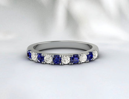 Blue Sapphire Half Eternity Band With Cz Diamond 925 Sterling Silver Lab Created