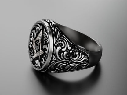 Mason Ring 925 Sterling Silver Freemason Square and Compasses Emblem Ring US7-15
