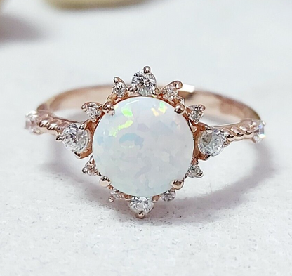 Round Cut Natural Fire Opal Halo Engagement Ring Silver Moissanite Women US5 ~15
