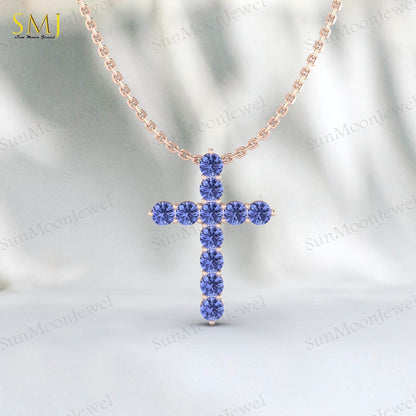 Natural Blue Tanzanite Cross Pendant 925 Sterling Silver Necklace