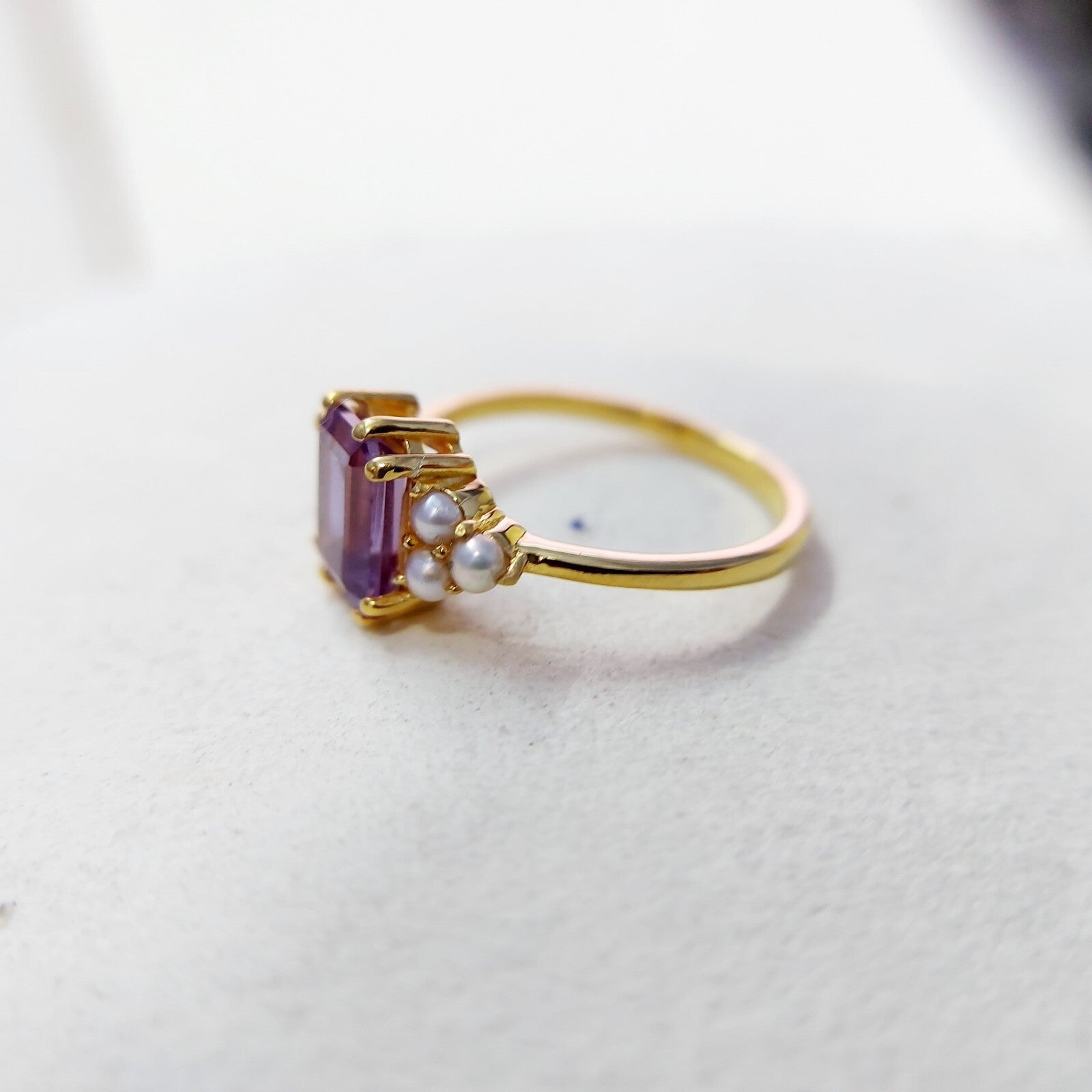 Emerald Cut Amethyst Pearl Ring 925 Silver Handmade Engagement Women Ring US5~15