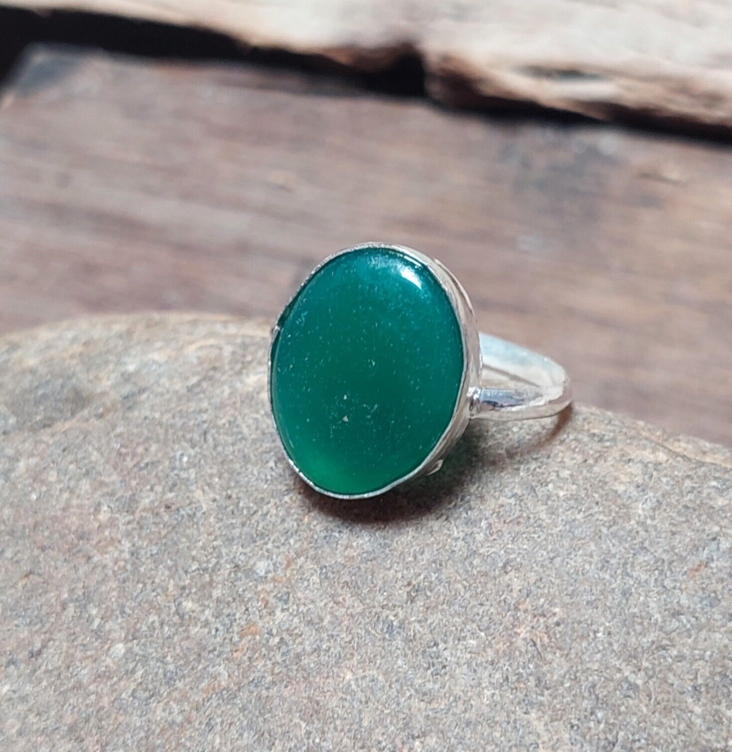 925 Sterling Silver Oval Green Onyx Ring Statement Ring,Women Simple green ring