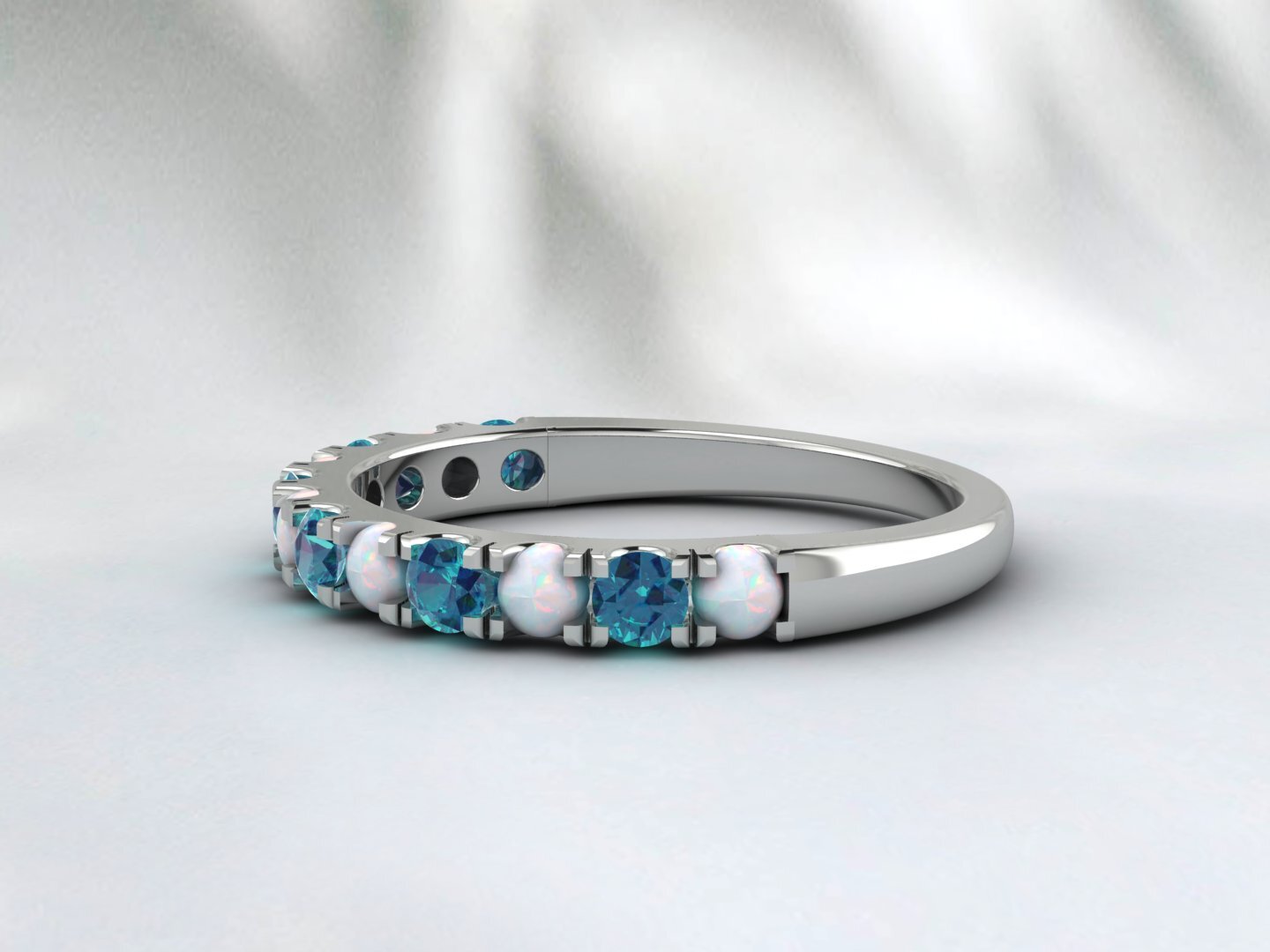 Natural Round Opal And London Blue Topaz Half Eternity Band Fine Silver Band