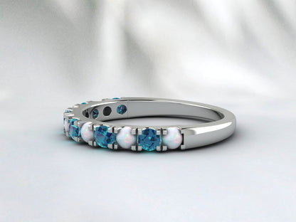 Natural Round Opal And London Blue Topaz Half Eternity Band Fine Silver Band