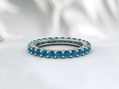 Natural Round London Blue Topaz Band Eternity Matching Promise Fine Silver Band