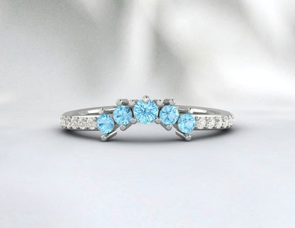 Natural Blue Aquamarine Curved Wedding Band Half Eternity Fine Silver 5 Gemstone