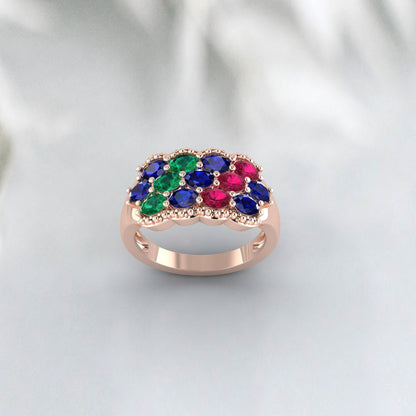 Natural Oval Cut Blue Sapphire 925 Sterling Silver Ruby & Emerald Antique Ring 