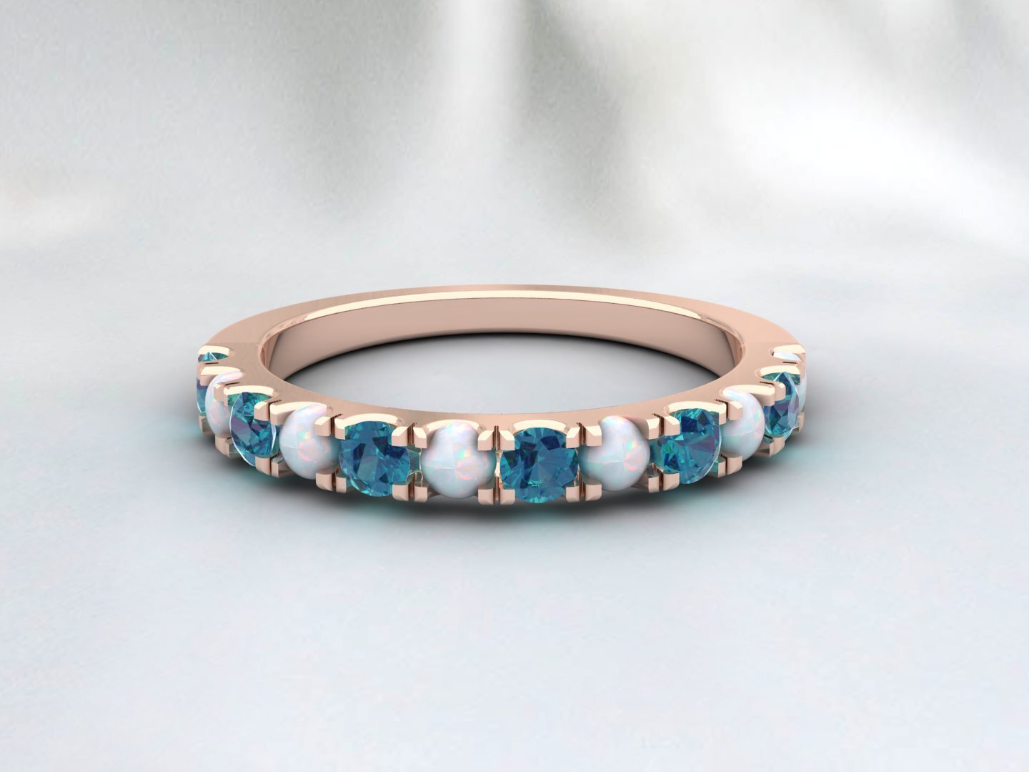 Natural Round Opal And London Blue Topaz Half Eternity Band Fine Silver Band