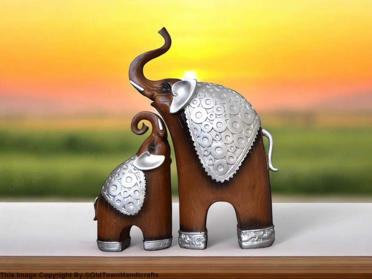 Thai Style Elephant Figurines Mother Child Feng Shui Set Resin Home Decor Brown