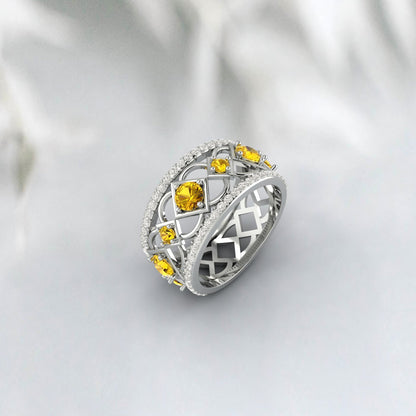 Natural Citrine Ring 925 Sterling Silver Rose Gold Wedding Band For Bride 