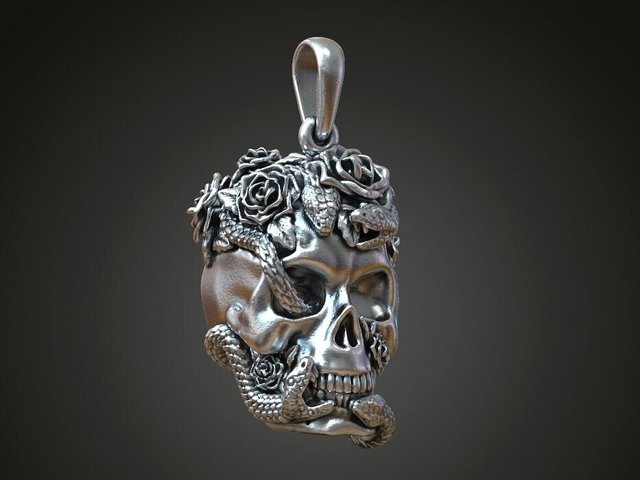 Silver Skull Roses Snake Serpents Pendant US7~15 Gothic Biker Jewelry Pendant