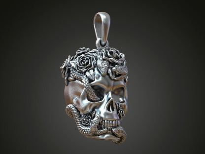 Silver Skull Roses Snake Serpents Pendant US7~15 Gothic Biker Jewelry Pendant