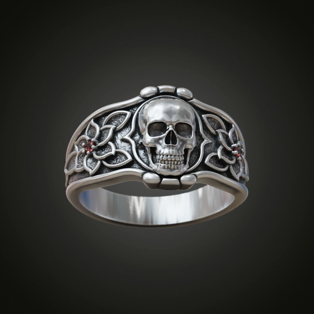 925 Sterling Silver Skull Flower Ring Handmade Biker Gothic Jewelry Ring US5 ~15