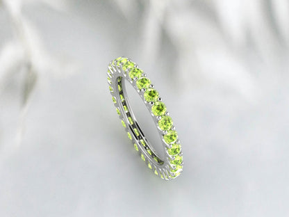 Natural Round Green Peridot Band Eternity Stacking Promise Fine Silver Band