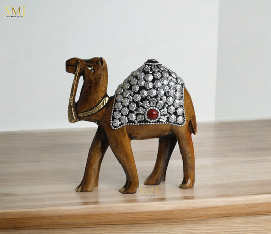 Silver Stone Work Wooden Camel  Hand Carved Olive Wood Camel Sculpture for Home