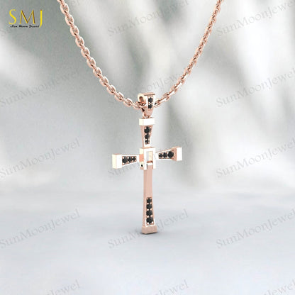 925 Silver Natural Black Onyx Cross Necklace Religious Charm Pray Rosary Pendant