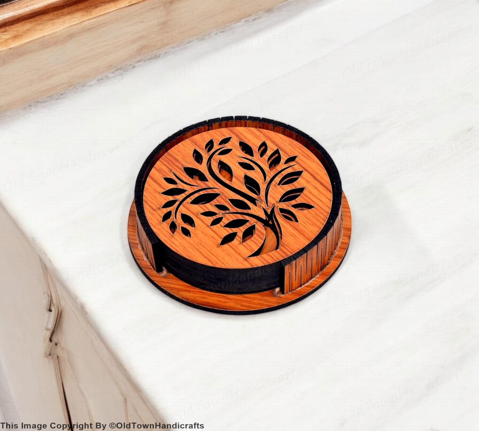 Handcrafted Wooden Tea Coffee Coaster Set of 6 with Stand 3.5" Brown Decor Gift