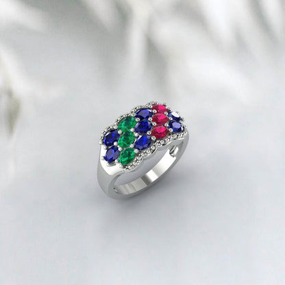 Natural Oval Cut Blue Sapphire 925 Sterling Silver Ruby & Emerald Antique Ring 