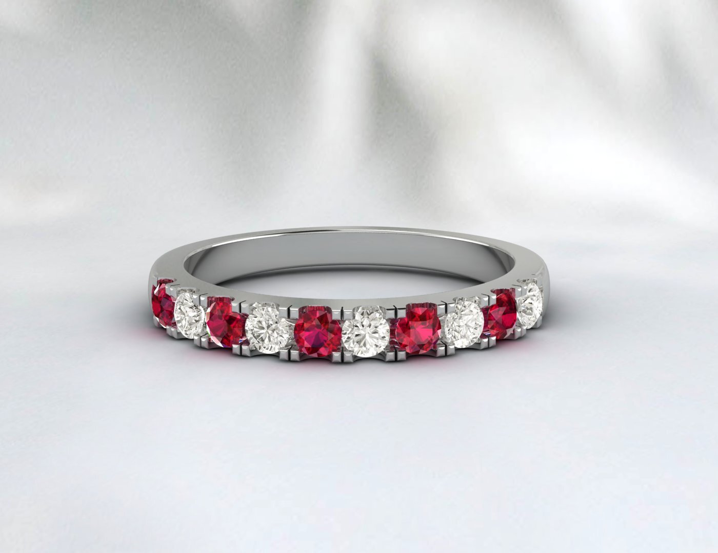 Red Ruby Half Eternity Band With Cz Diamond 925 Sterling Silver Lab Created Band