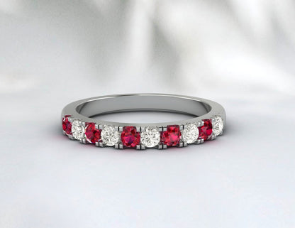 Red Ruby Half Eternity Band With Cz Diamond 925 Sterling Silver Lab Created Band