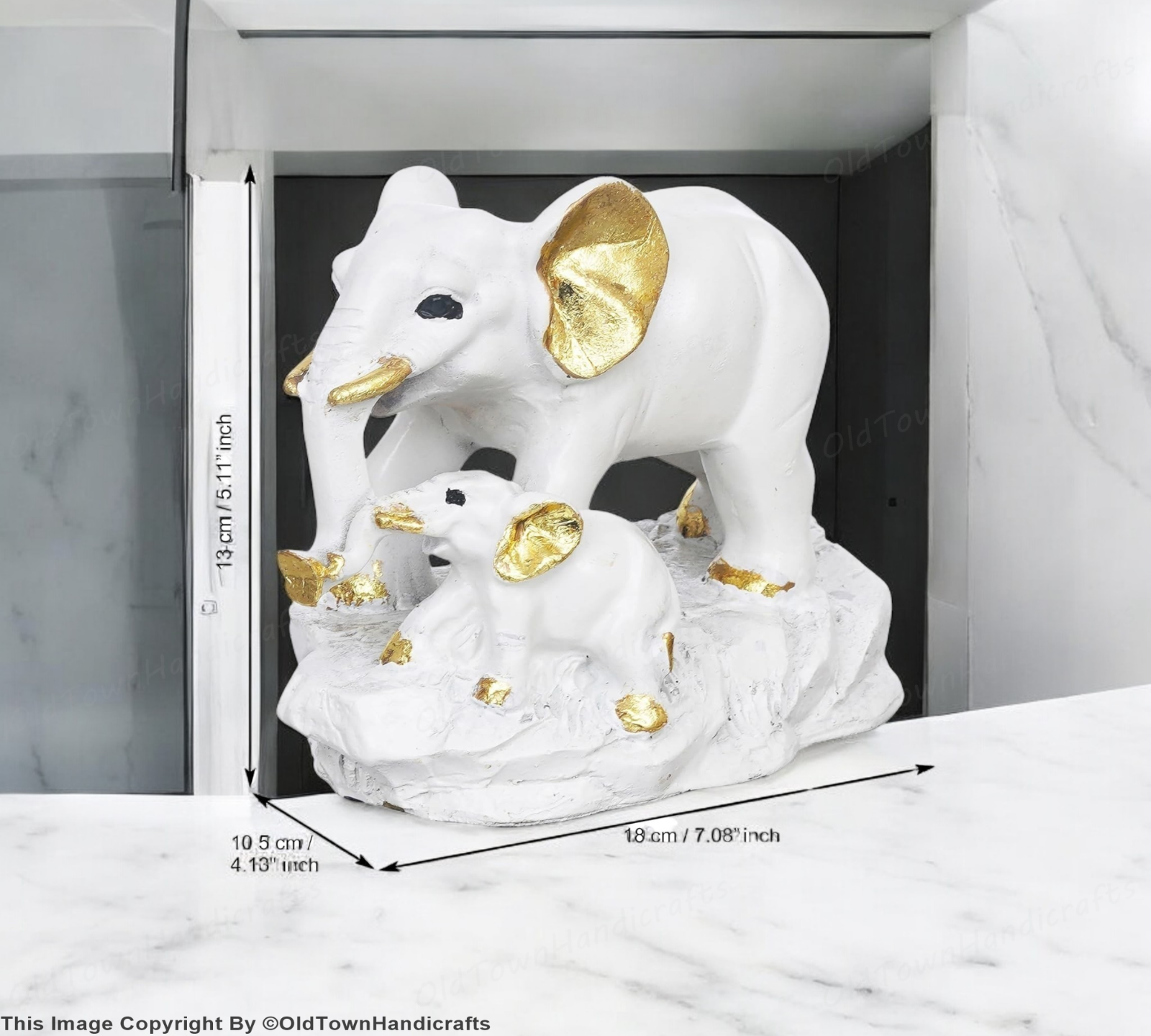 White & Golden Elephant with Baby Statue Decorative Showpiece for Home Office