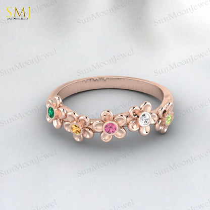 Natural Peridot Tourmaline Citrine Emerald Mutistone Flower Band in 925 Silver