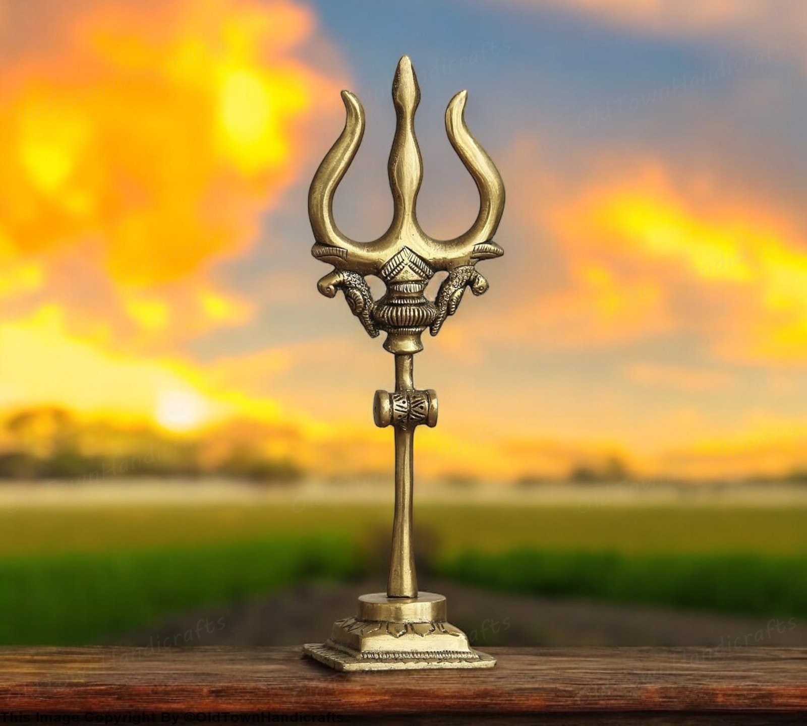 Brass Trishul with Damru Handcrafted Trishul Figurine Unique Gold Home Decor
