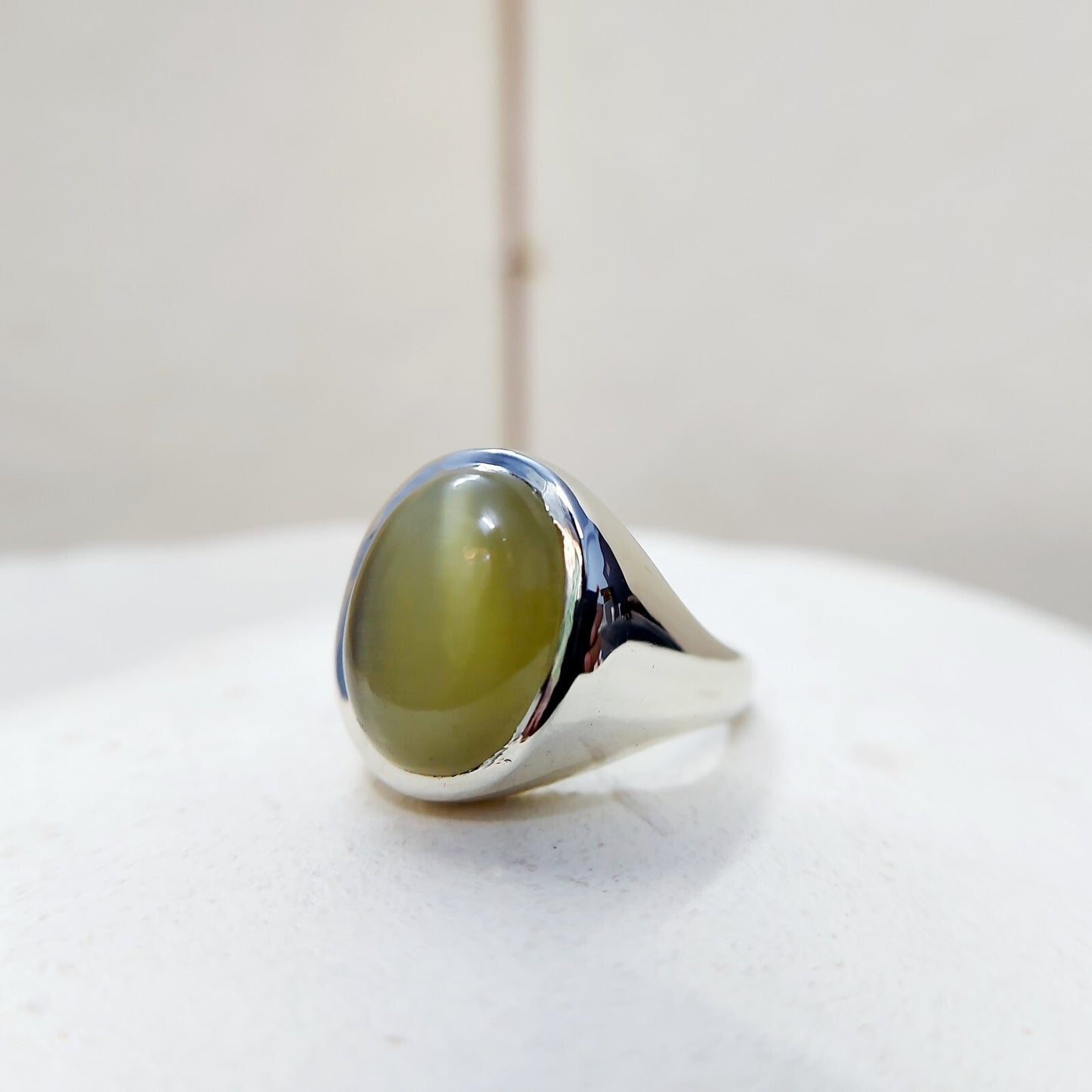 Yellow Cats Eye Chrysoberyl Ring Wide Band Handmade 925 Silver Men Ring US5~15