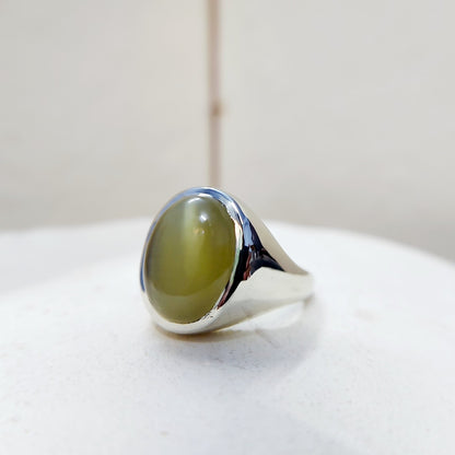 Yellow Cats Eye Chrysoberyl Ring Wide Band Handmade 925 Silver Men Ring US5~15
