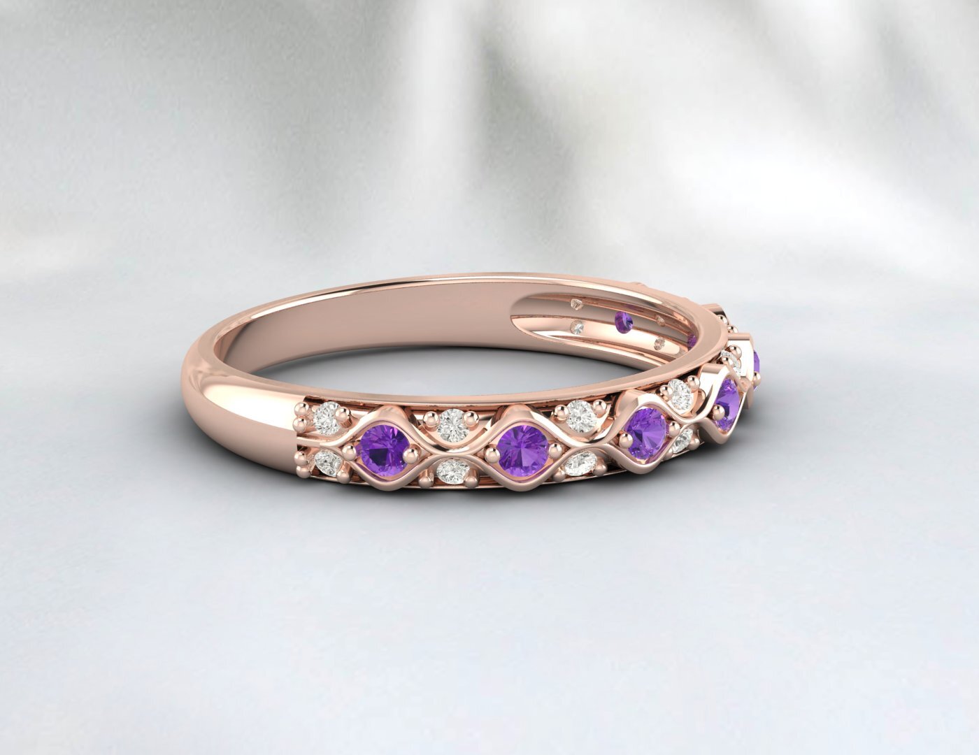 Natural Amethyst Cz Diamond Wedding Band Fine Silver Antique Unique Vintage Band