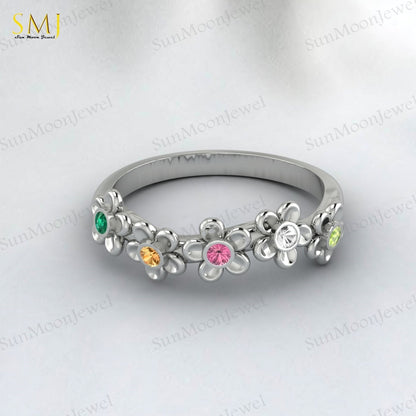 Natural Peridot Tourmaline Citrine Emerald Mutistone Flower Band in 925 Silver