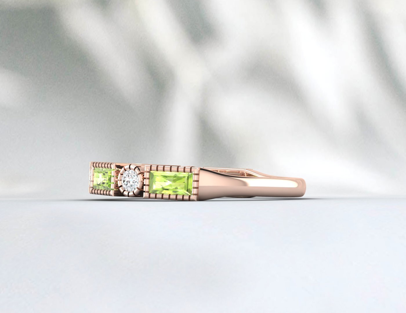 Natural Baguette Cut Peridot & Cubic Zirconia Half Eternity Fine Silver Band
