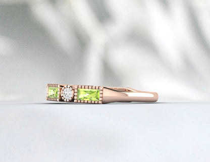 Natural Baguette Cut Peridot & Cubic Zirconia Half Eternity Fine Silver Band
