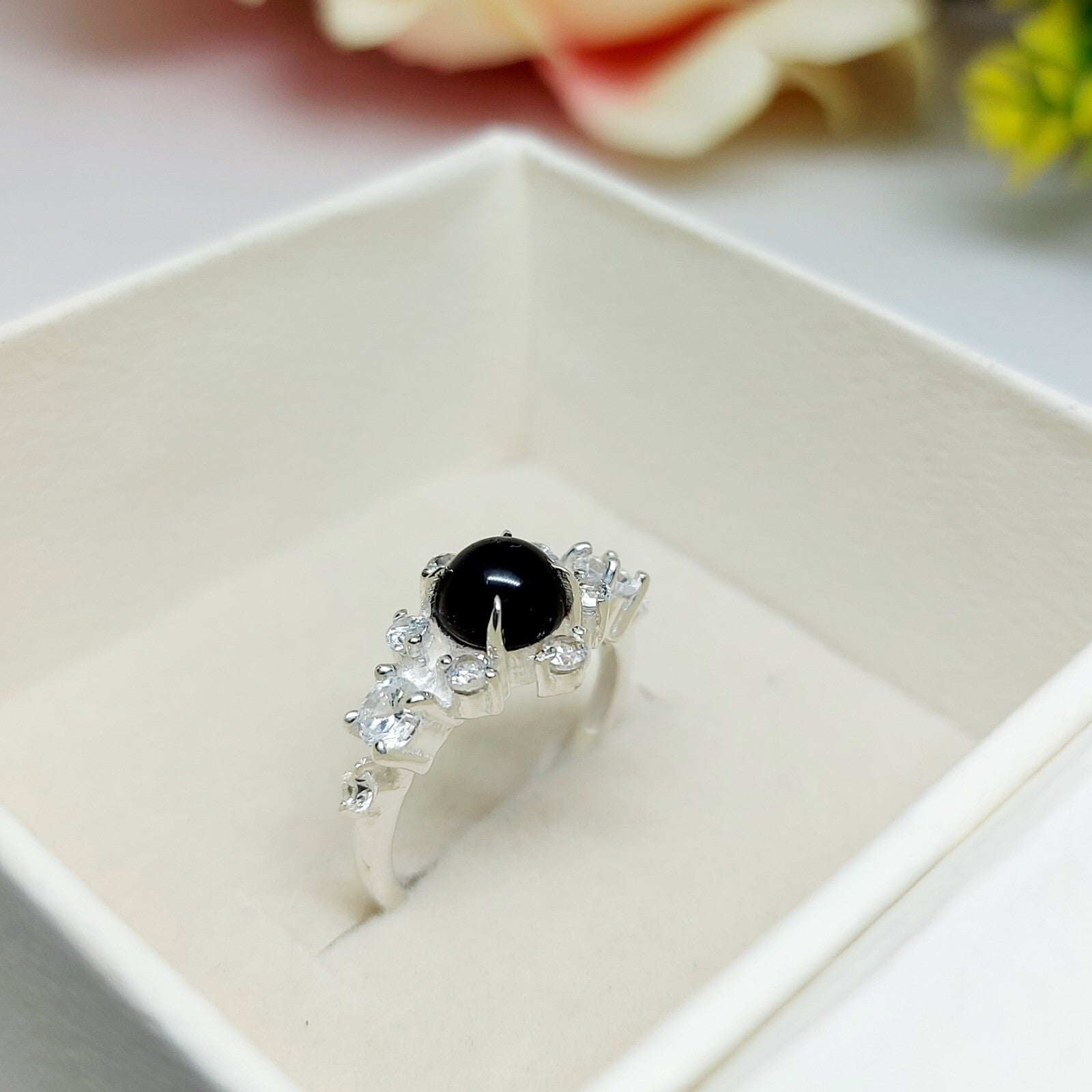 Natural Round Black Spinel Engagement Ring Cz Diamond 925 Sterling Silver Gift