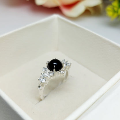 Natural Round Black Spinel Engagement Ring Cz Diamond 925 Sterling Silver Gift