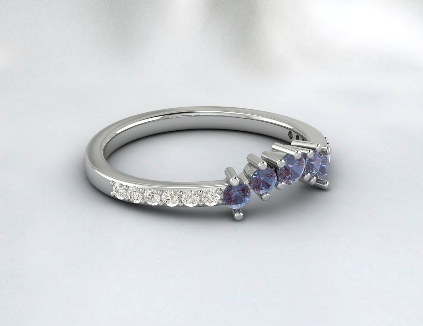 Natural Alexandrite Curved Wedding Band Half Eternity Fine Silver 5 Gemstone