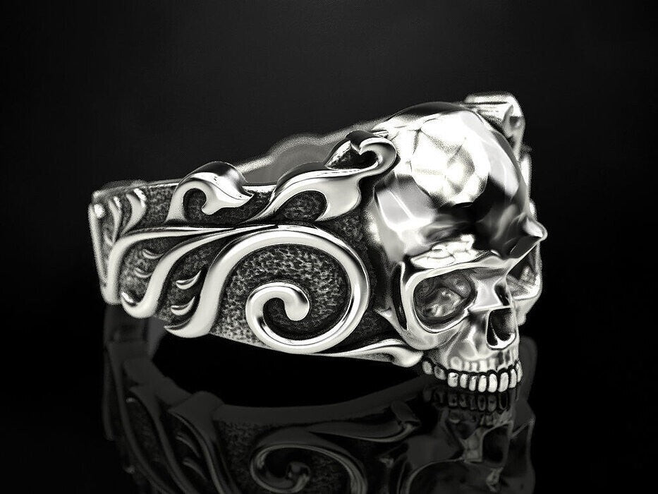 925 Sterling Silver US5-15 Men's Skull Pattern Gothic Biker Designer Look Ring