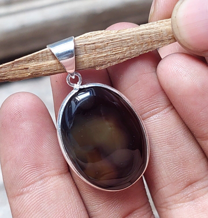 Brown Banded Agate 925 Sterling Silver Handmade Pendant Anniversary Gift For Her