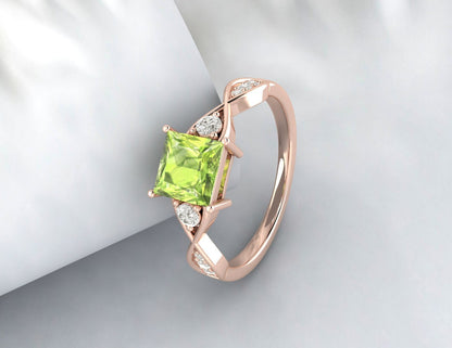 Natural Princess Cut Green Peridot Gemstone Ring Silver Engagement Ring US5~15