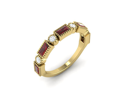 Natural Baguette Cut Red Garnet & Cubic Zirconia Half Eternity Fine Silver Band