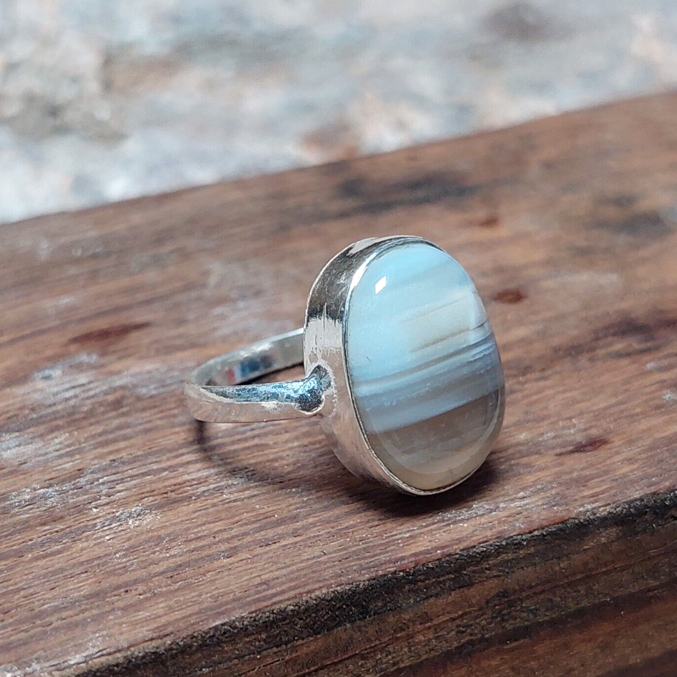 Natural Oval Grey Banded Agate 925 Sterling Silver Handmade Ring,Statement Ring