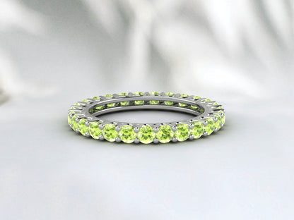 Natural Round Green Peridot Band Eternity Stacking Promise Fine Silver Band
