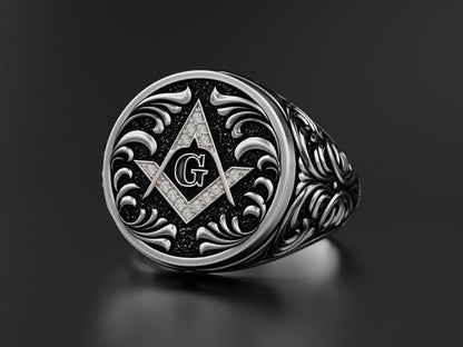 Mason Ring 925 Sterling Silver Freemason Square and Compasses Emblem Ring US7-15