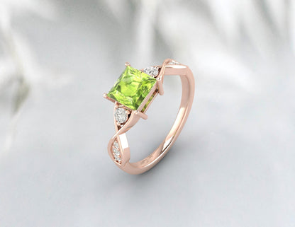 Natural Princess Cut Green Peridot Gemstone Ring Silver Engagement Ring US5~15