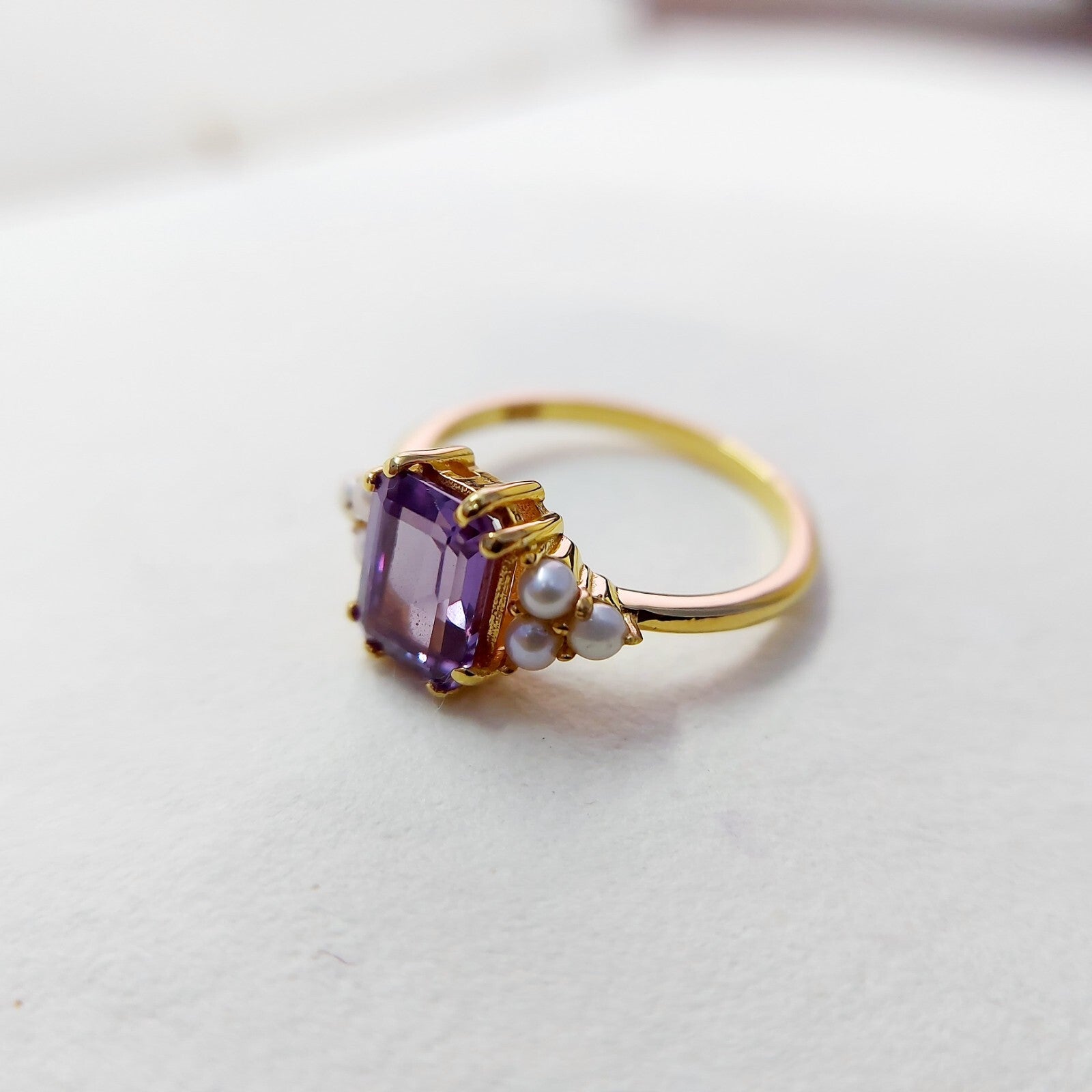 Emerald Cut Amethyst Pearl Ring 925 Silver Handmade Engagement Women Ring US5~15
