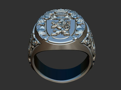 Lion And Roosters Coat of Arms Signet Silver 925 Men's Ring US7-15 Animal Lover