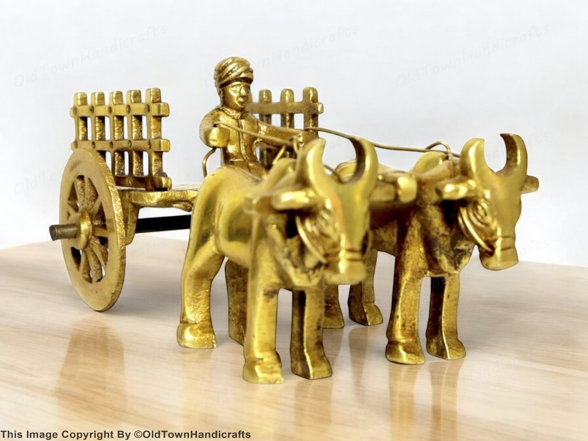 Brass Vintage Bullock Cart Showpiece Home Decor with Double Bull 6cm