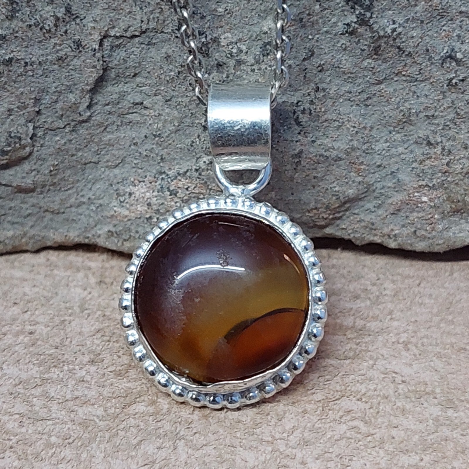 925 Sterling Silver Round Shape Brown Agate Pendant Only Pendant For Women